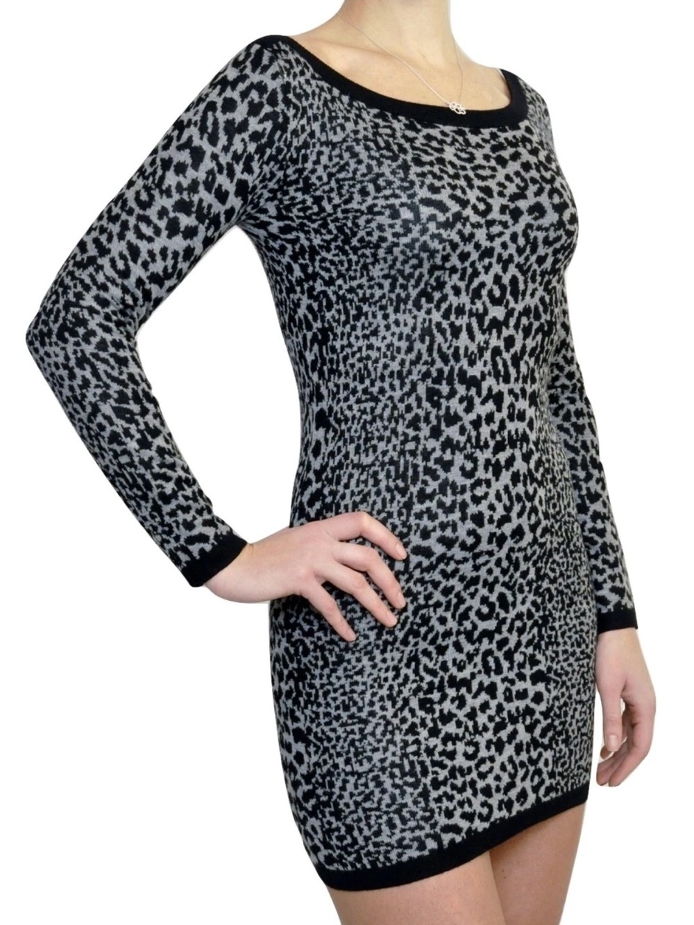 French Connection Leopard Jacquard Round Neck Sweater Dress, Grey & Black – 10